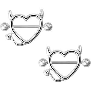 Devil Heart Nipple Rings - Surgical Steel Piercing Barbell Shield Cover Hoops